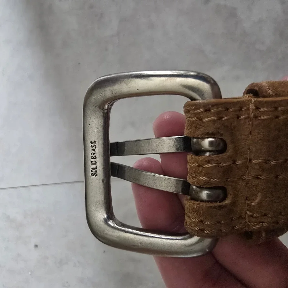 Vtg Y2K Tan Suede Genuine Leather Double Prong Belt Solid Brass Buckle XL 38in